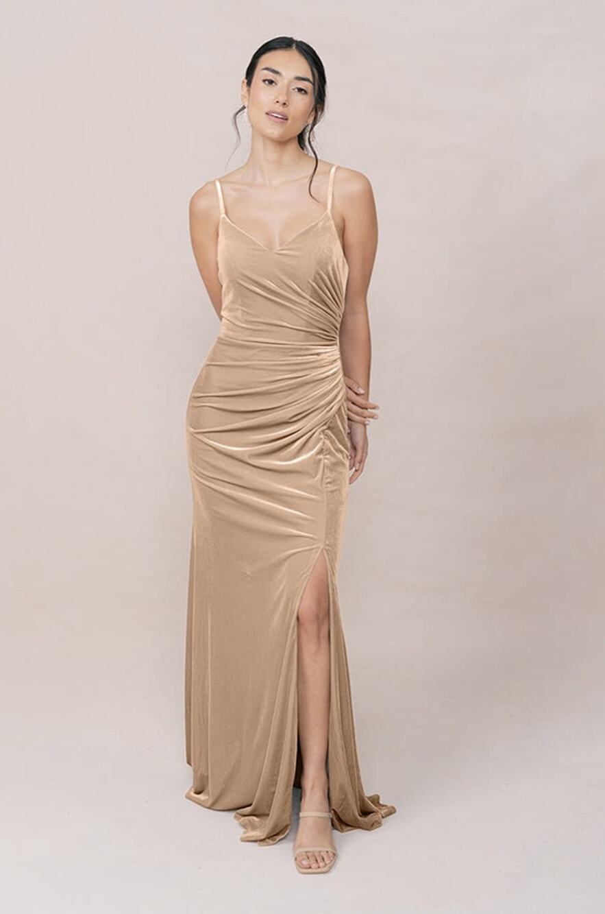 Revelry Rory Velvet Maxi Dress Size 8 Champagne Blush Ruched Bridesmaid Formal